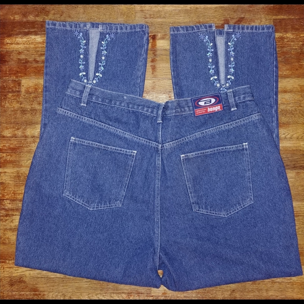 BONGO Y2K Rave boho Bootcut high waisted dark denim blue jeans With Floral Slits